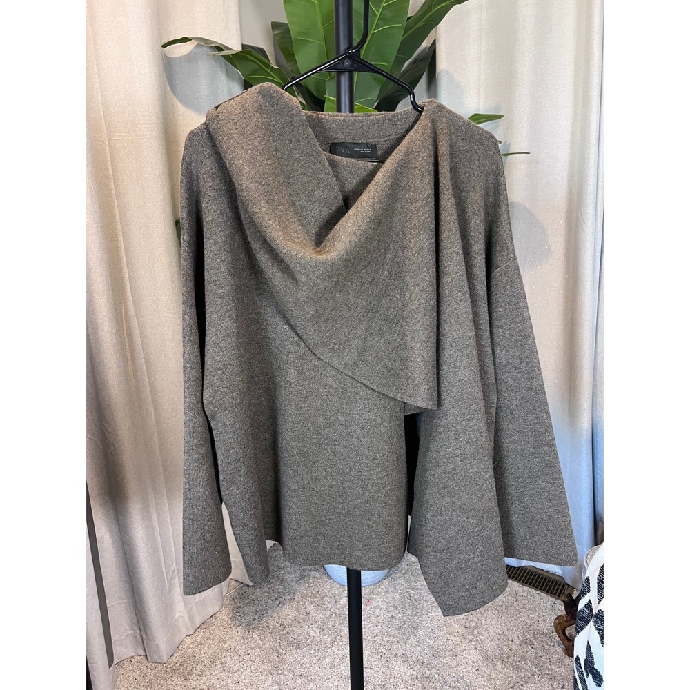 Zara Knit Asymmetrical Cowl Neck Sweater Taupe Brown Marl Oversized Top Womens